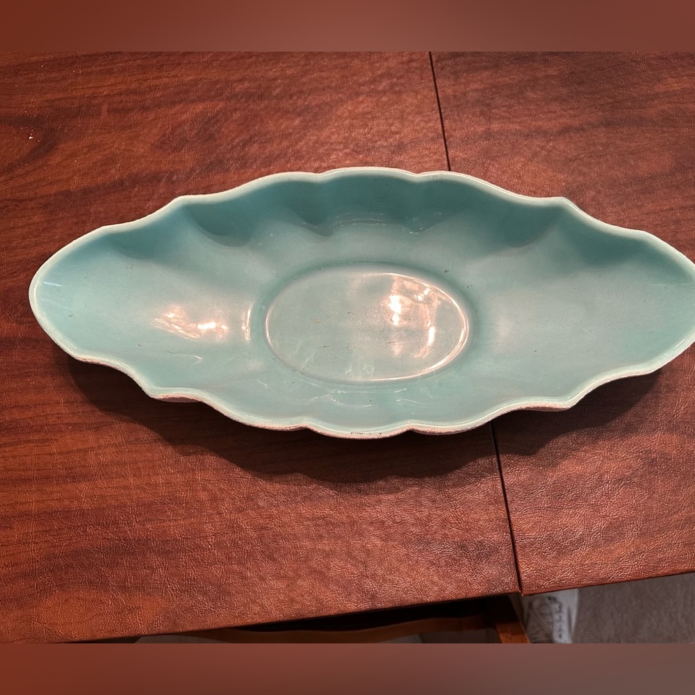 RARE Royal‎ Haeger 323 Oblong Console Bowl Teal & White Mid Century Modern 20”